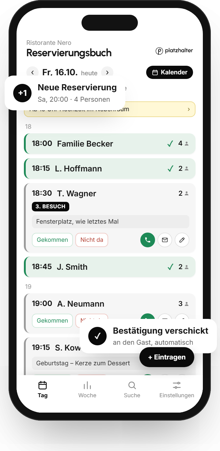 Reservierungsbuch von platzhalter auf dem Handy – mit neuer Reservierung und automatischer Bestätigung