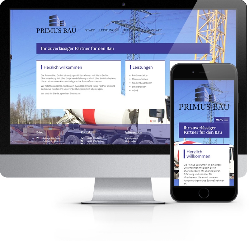 Webdesign-Referenz aus Berlin: Startseite der Webseite von Primus Bau