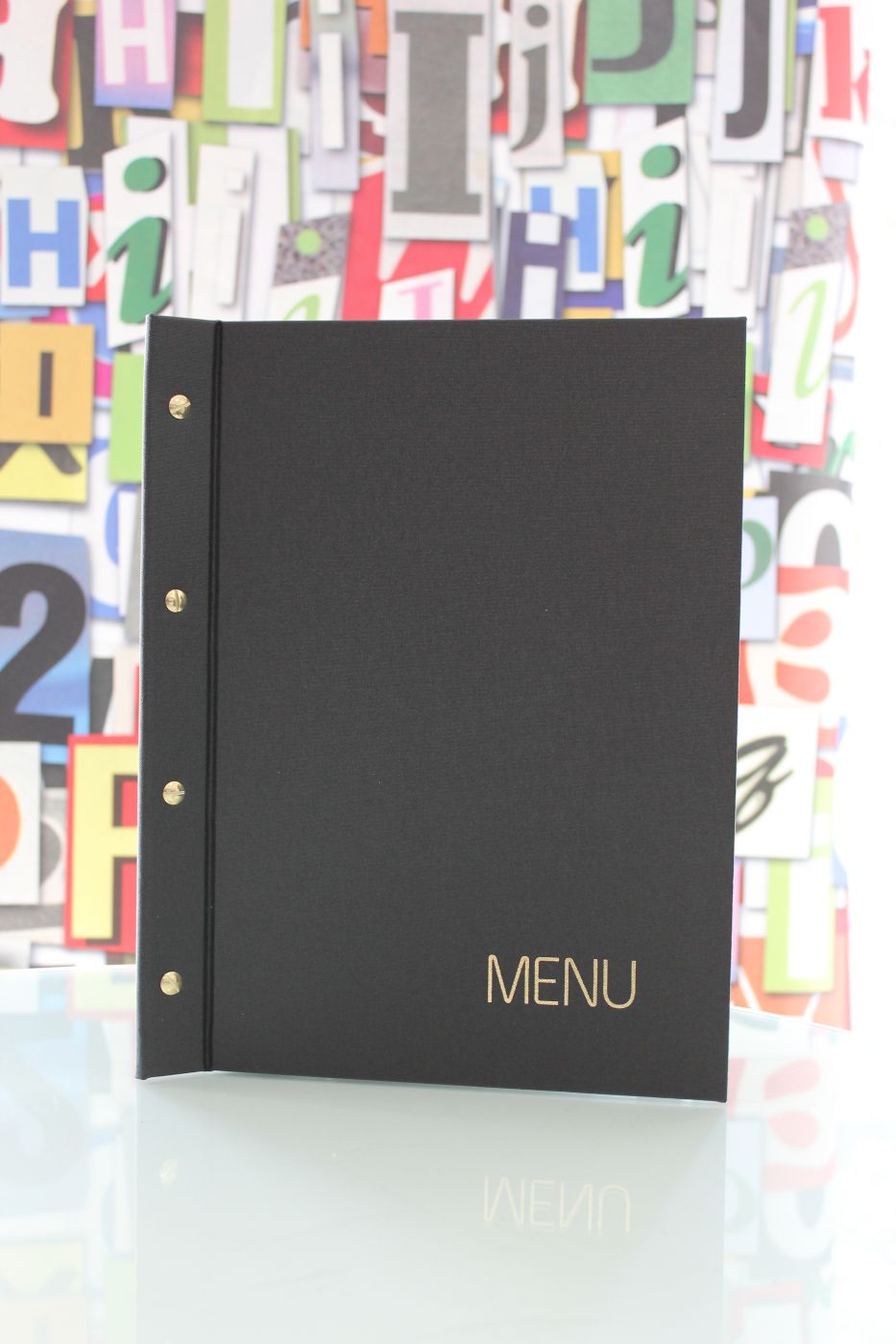 Schwarze Speisekartenmappe aus Buchleinen mit Goldprägung Menu und Klarsichthüllen, Größe L