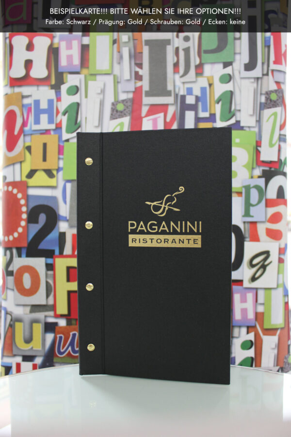 Restaurant Speisekarte Premium Elegance S in schwarz mit Goldprägung des eigenen Logos und dazu Goldschrauben und Schutzecken in gold.