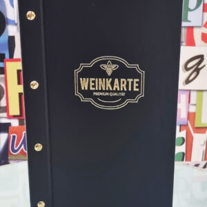 Weinkarte Elegance in Schwarz mit Goldprägung "WEINKARTE" und Goldschrauben, ohne Schutzecken