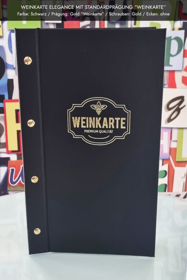 Weinkarte Elegance in Schwarz mit Goldprägung "WEINKARTE" und Goldschrauben, ohne Schutzecken