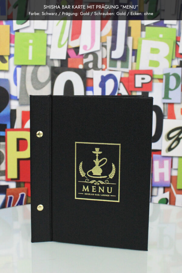 Shisha Bar Karte Menu Hookah A5 in schwarz mit Goldprägung Menu, Golschrauben, ohne Schutzecken.