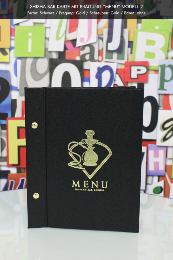 Shisha Bar Karte Menu 2 Hookah A5 in schwarz mit Goldprägung Menu, Golschrauben, ohne Schutzecken.